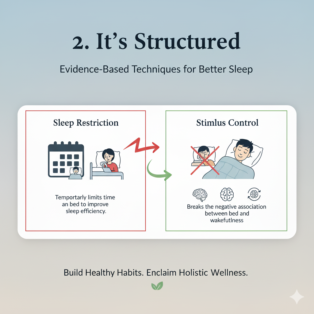 2. It's Structured It includes techniques like Sleep Restriction (temporarily limiting time in bed) and Stimulus Control (breaking the negative association between your bed and wakefulness).