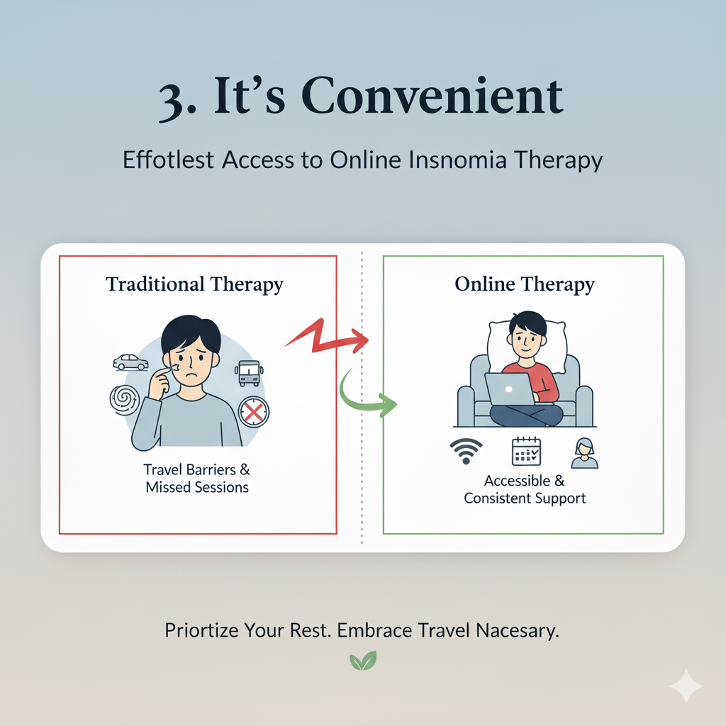 3. It's Convenient Getting specialized insomnia therapy online removes the barrier of travel, allowing you to easily maintain the necessary weekly consistency.