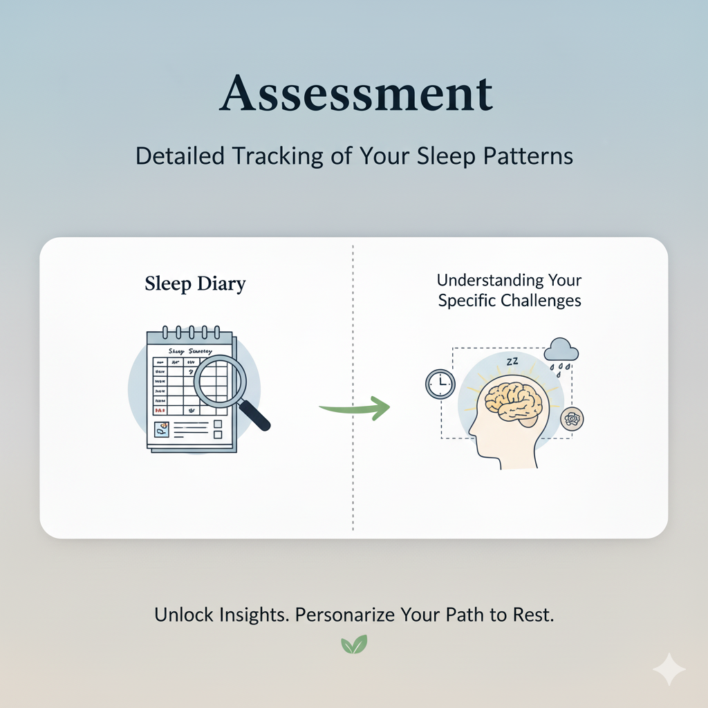 Assessment: Detailed tracking of your sleep patterns (sleep diary) to understand your specific challenges.