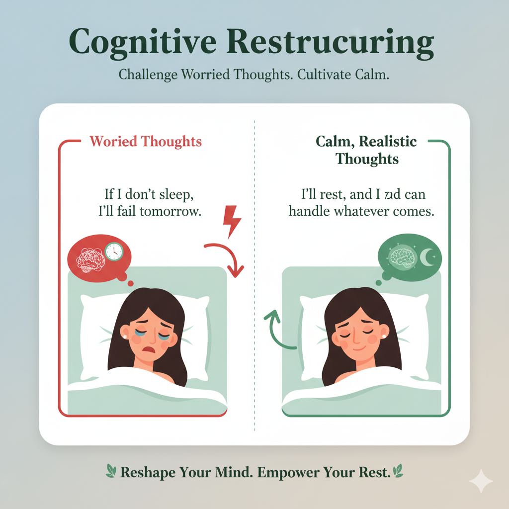 Cognitive Restructuring: Challenging worried thoughts like, “If I don’t sleep, I’ll fail tomorrow,” and replacing them with calming, realistic thoughts.