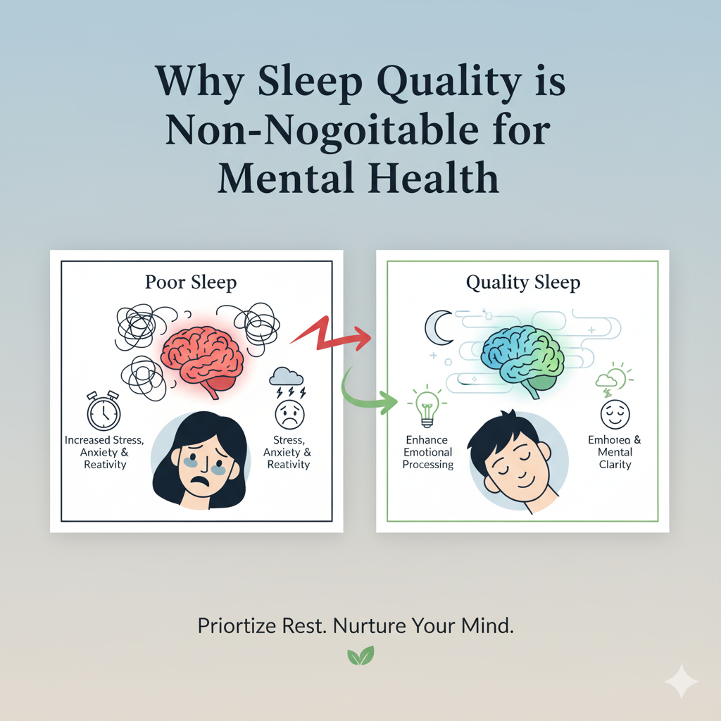 Why Sleep Quality is Non Negotiable for Mental Health The Link Between Sleep and Mental Health Poor or insufficient sleep directly exacerbates symptoms of depression anxiety and stress During deep sleep the brain processes emotional information and without it you are less resilient and more reactive to daily stressors Chronic sleep issues, or insomnia are often both a symptom and a driver of mental health struggles Focusing on the root cause of poor sleep is one of the most powerful things you can do to support your overall well being